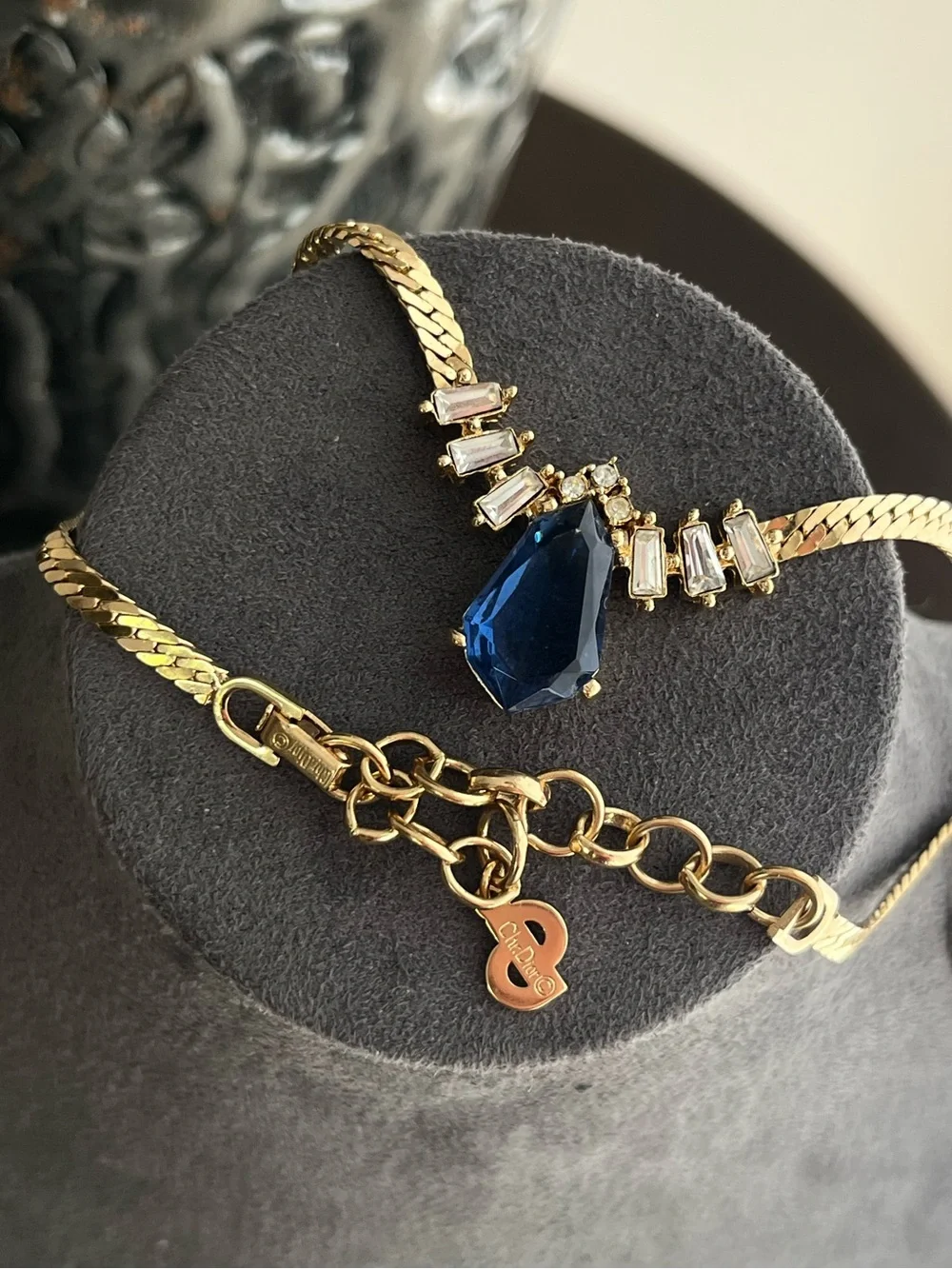 Authentic Vintage Dior Teardrop Blue Glass Stone Gold Herringbone Chain Necklace